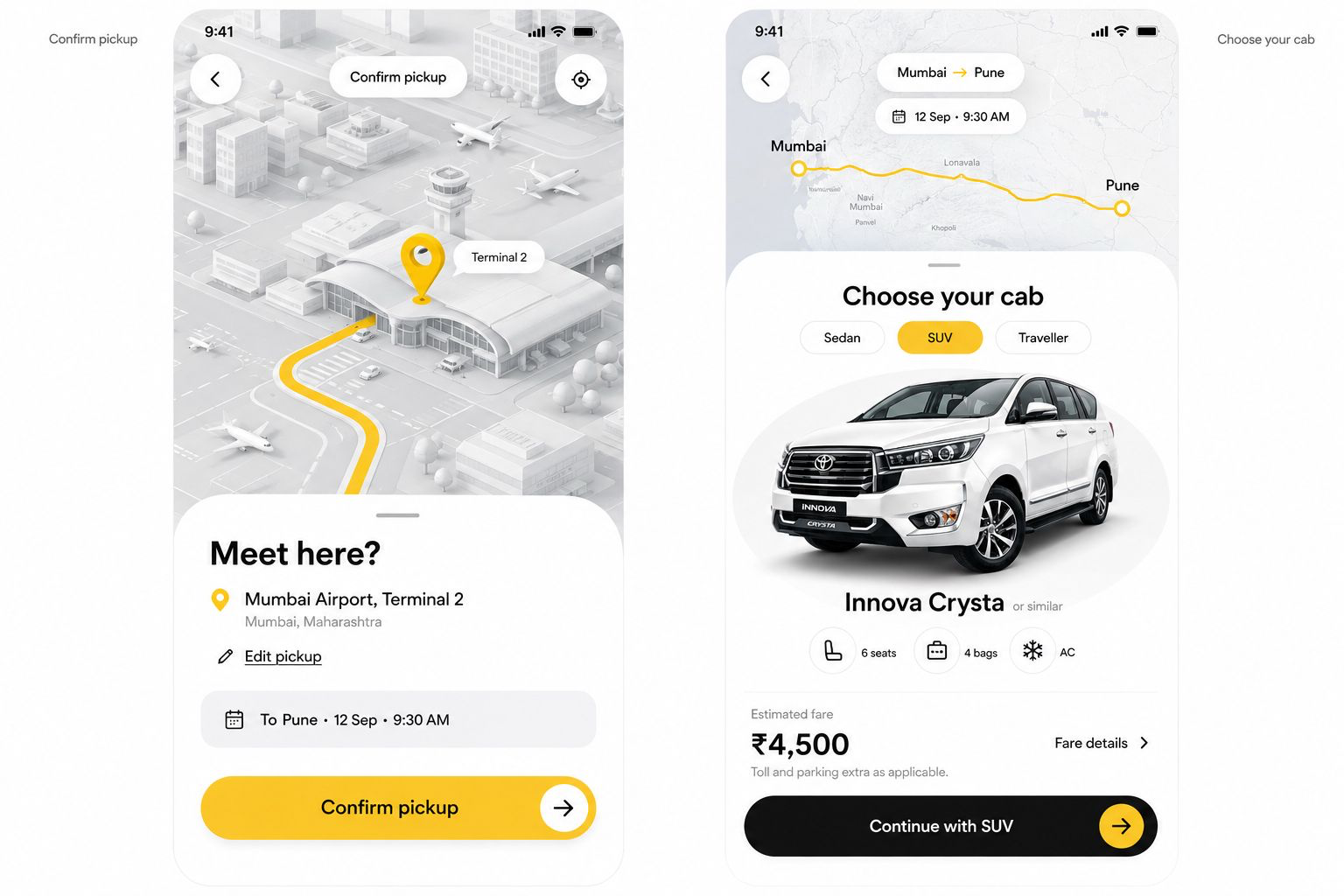 Rahul Travels pickup and cab selection screens
