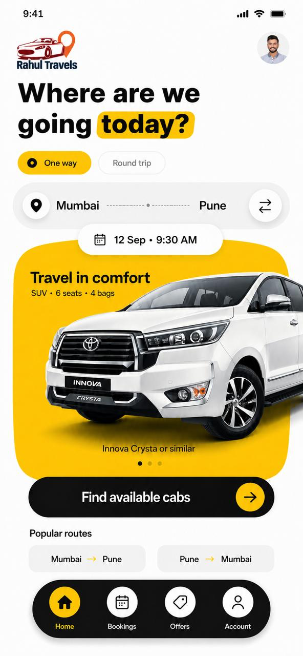 Rahul Travels app home booking screen