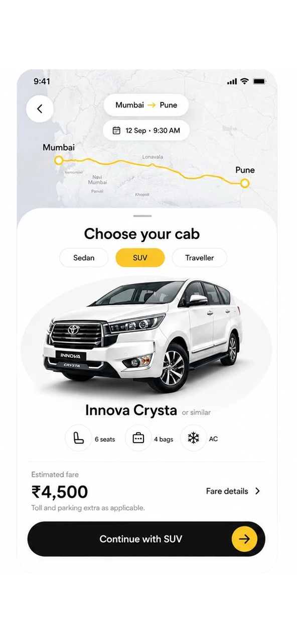 Rahul Travels app cab selection screen