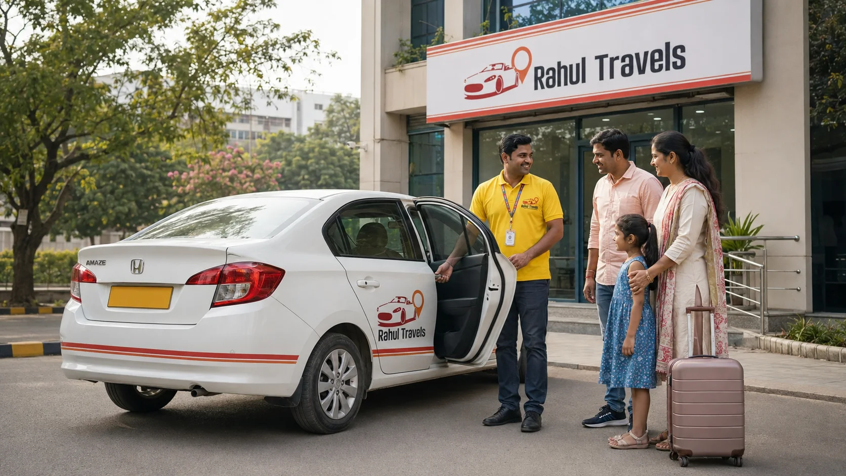 Rahul Travels driver welcoming a family for their journey